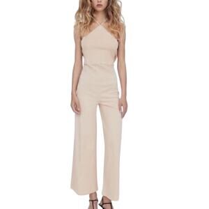 Zara M NEW Halter Top Open Back Ruffle Trim Jumpsuit Beige Travel Summer